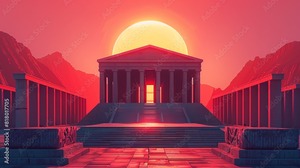 Obraz premium A minimalist illustration of the Temple of Solomon, characterized by simple and clean lines that convey a sense of grandeur and magnificence, with a focus on the architectural details