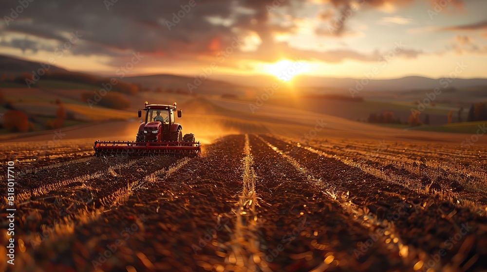 A farmer plowing a field at sunrise, with rich, fertile soil. A farmer plowing a field at sunrise, with rich, fertile soil.