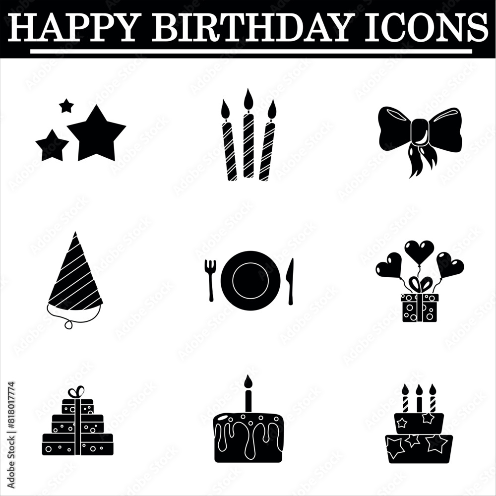 Set of birthday simple icons on the white background. Celebration black icons. Isolated vector. Set of birthday simple icons on the white background. Celebration black icons. Isolated vector.