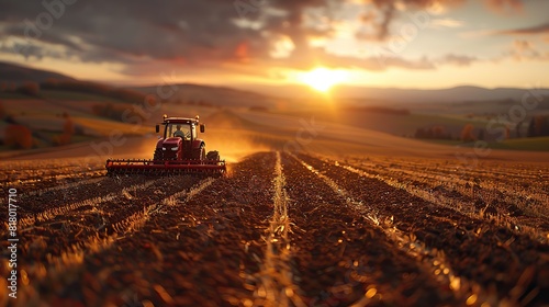 A farmer plowing a field at sunrise  with rich  fertile soil.