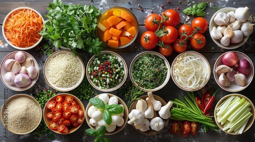 Asian food ingredients, Healthy Diet. top view. Generative AI.