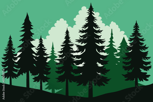 Pine trees silhouettes. Evergreen coniferous forest silhouette  nature spruce tree park view vector illustration. Coniferous woods