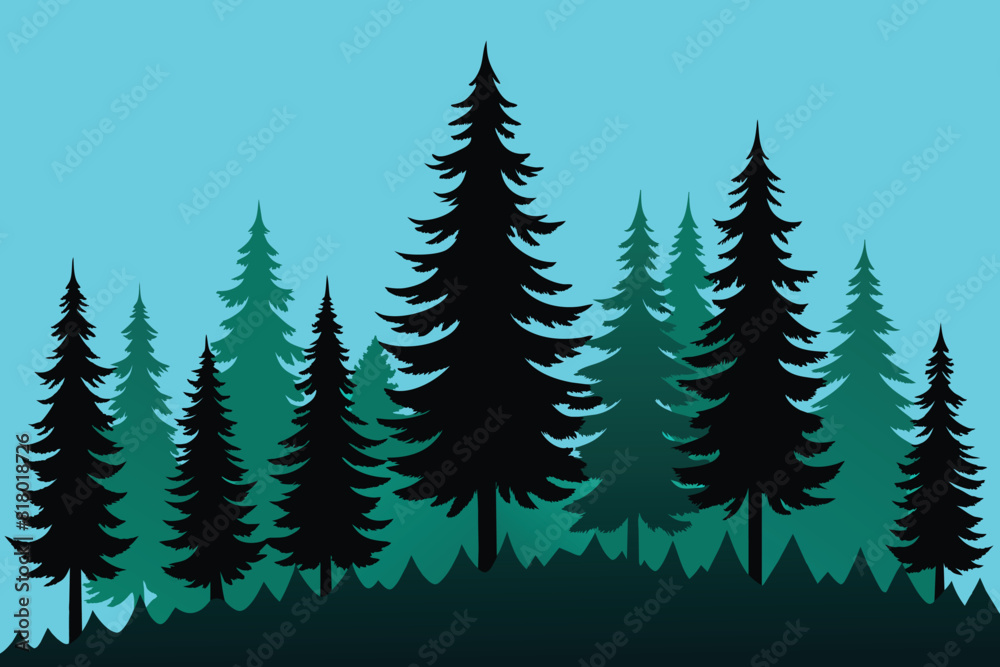Pine trees silhouettes. Evergreen coniferous forest silhouette, nature spruce tree park view vector illustration. Coniferous woods