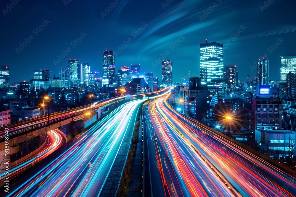 Cityscape at night with vibrant light trails