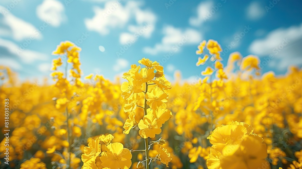 A field of bright yellow canola flowers under a blue sky. A field of bright yellow canola flowers under a blue sky.