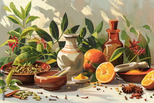 Vibrant culinary illustration showcasing natural ingredients. Exotic flavors and culinary arts concept. Ayurvedic hebs, Ayurveda, Generative AI photo