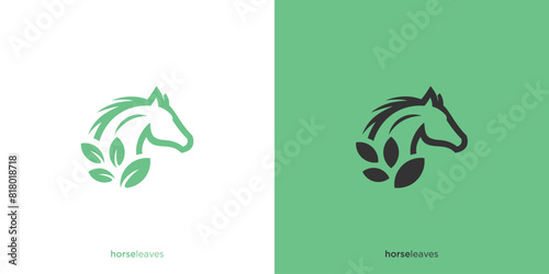 Green Horse Logo Design. Horse and Leaves Logo Design Icon Symbols Vector Illustration.	