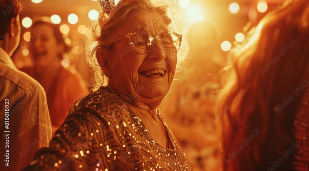 Elderly woman in glasses and a sequined dress dances at the disco, smiling with her friends around her. Elderly woman in glasses and a sequined dress dances at the disco, smiling with her friends around her.