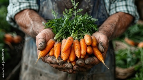 A close-up of a farmer's weathered hands holding freshly picked carrots.