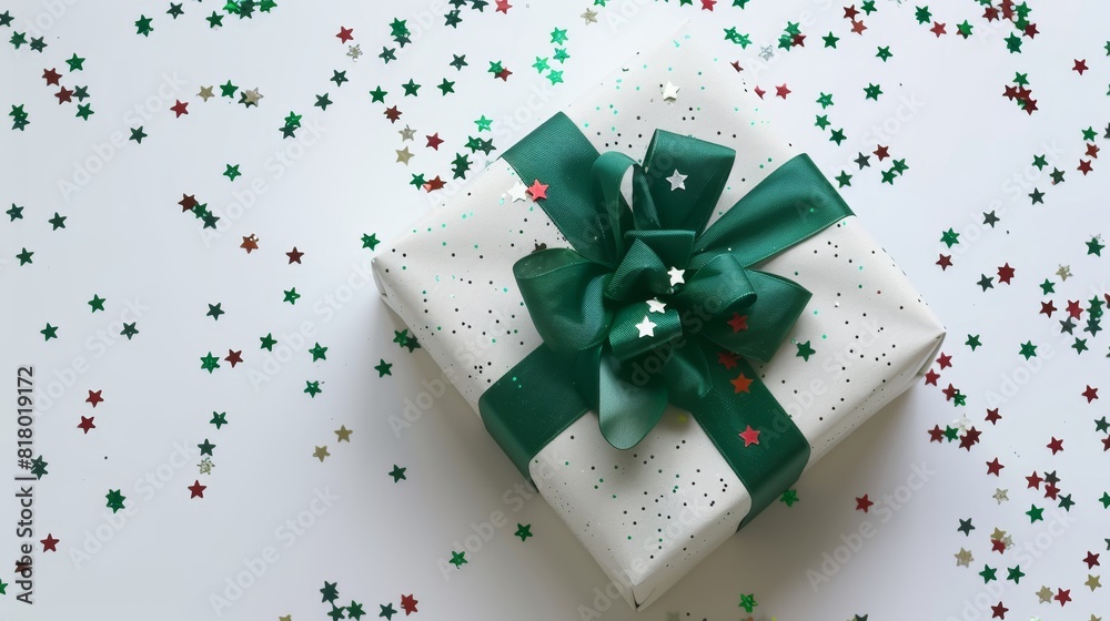 A gift box with a green ribbon on a white background A gift box with a green ribbon on a white background