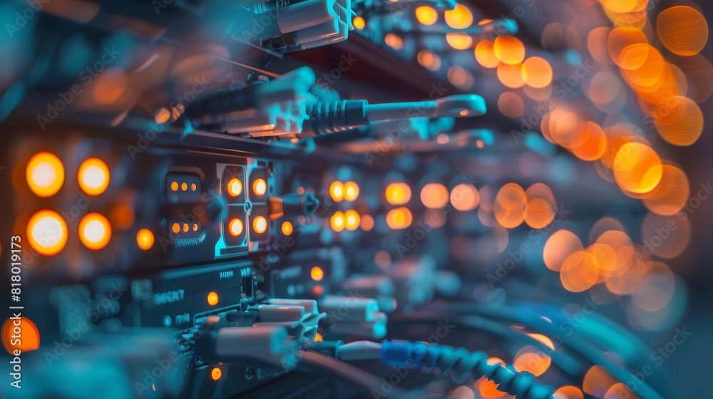 Closeup view of a network server room with glowing lights Closeup view of a network server room with glowing lights