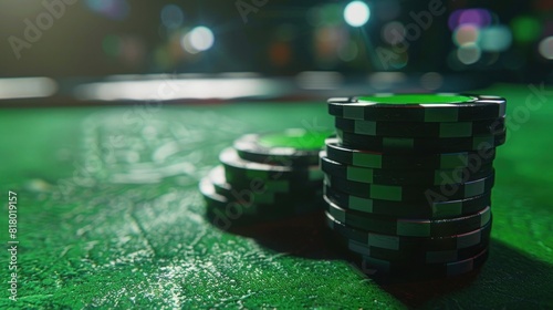 Stack of green poker chips on green gaming table. Casino concept for risk or good luck © Anzhela