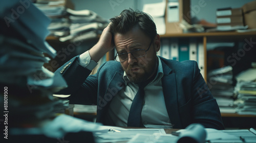 Staff reductions. Lay off concept. Stressed man overwork at office. Fired man in the office. Work under pressure