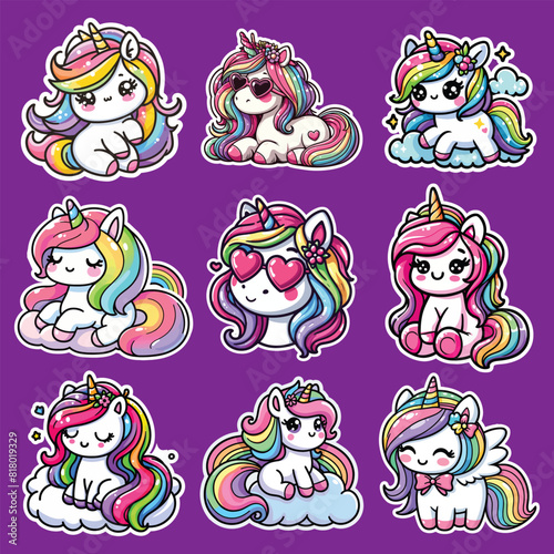 vector Unicorn sticker collection in hand drawn stylein on the white backgraund. photo