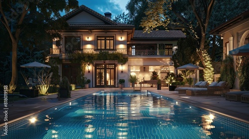 Expensive private villa. Swimming pool in a private house. Evening in a country house.   © Awais