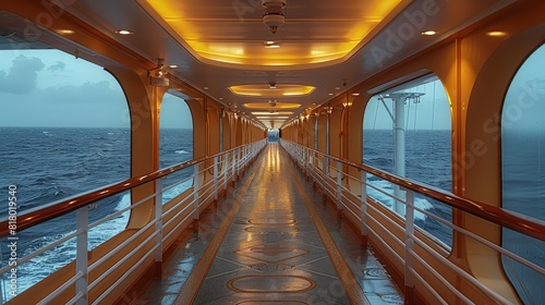 The aisle and corridor of the cruise ship are wide and curved, the seaside scenery. Generative AI. photo
