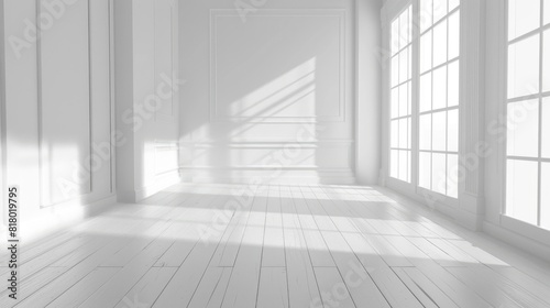 White Room Background. Empty White Interior with Wooden Floor and Light Walls. 3D Rendering