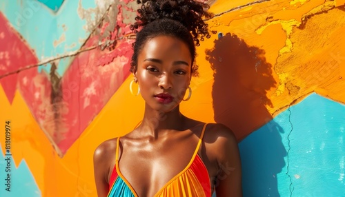 Fashion spread highlighting South African stunner in bold color-blocked swimsuit