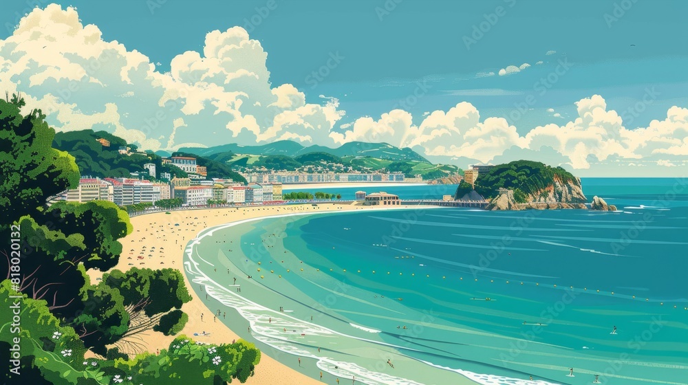 Fototapeta premium Illustration of La Concha Beach, San Sebastián, Spain