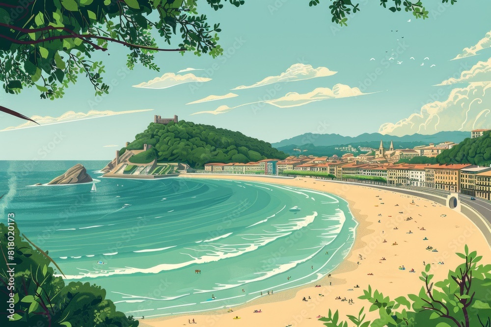 Fototapeta premium Illustration of La Concha Beach, San Sebastián, Spain