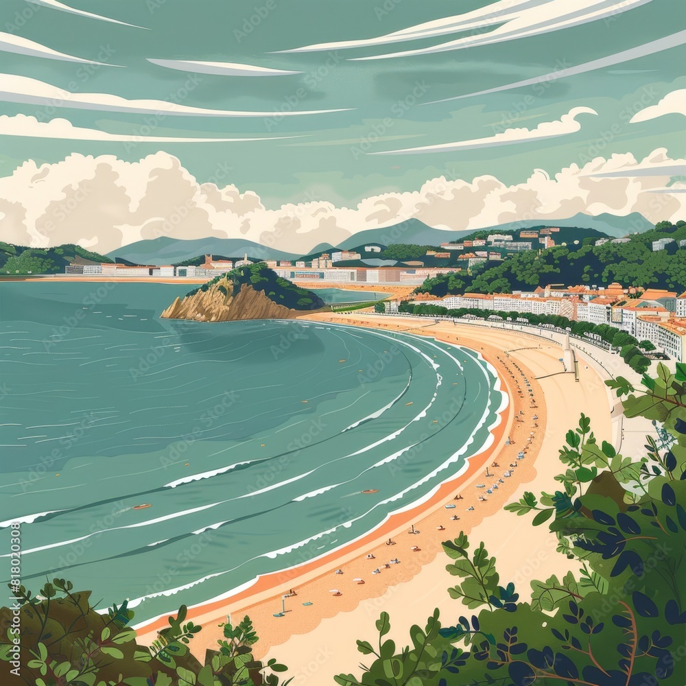 Obraz premium Illustration of La Concha Beach, San Sebastián, Spain