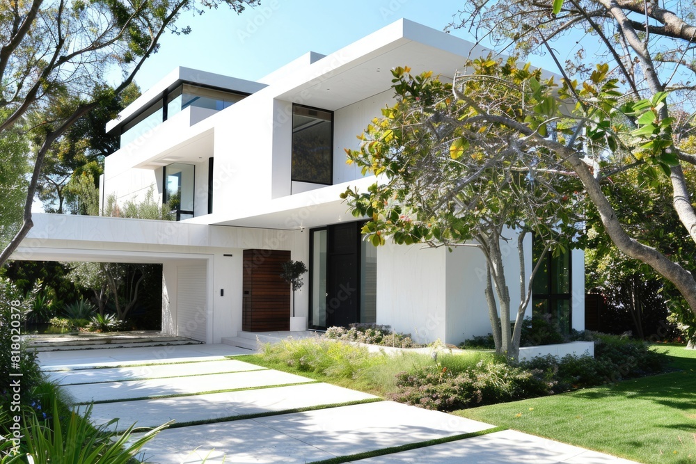 Fototapeta premium Modern Landscaping. White Contemporary Home Exterior with Double Garage Door