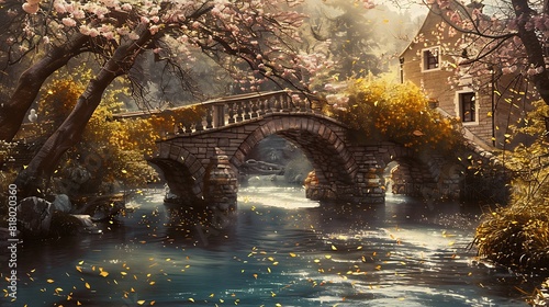 A charming cobblestone bridge spanning a tranquil river, framed by vibrant spring blossoms.