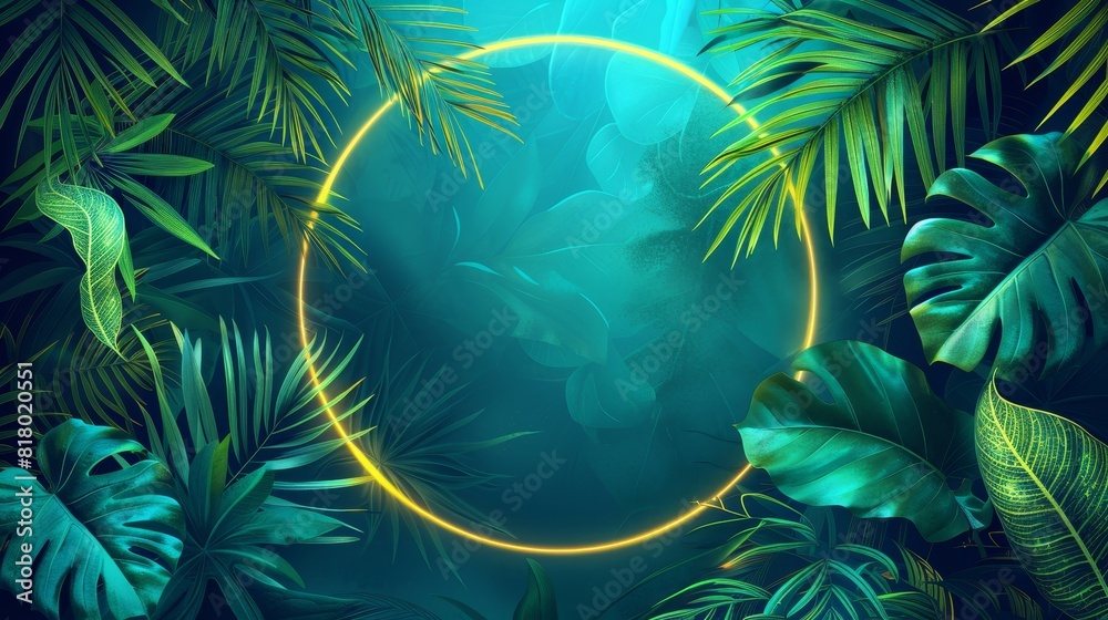 neon background with palm leaves in shades of green, teal, and yellow, arranged around a glowing circle frame neon background with palm leaves in shades of green, teal, and yellow, arranged around a glowing circle frame