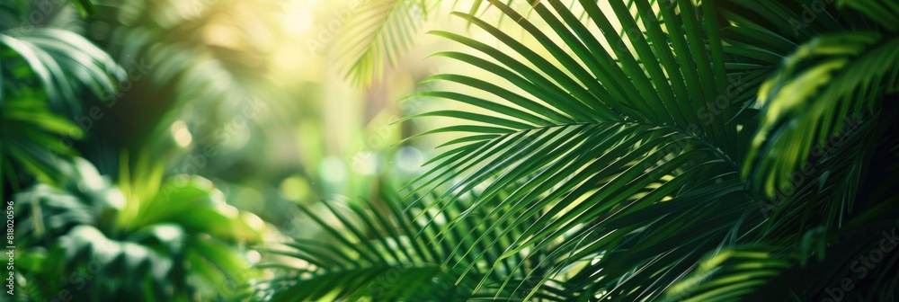 Green Tropical Leaves. Close-Up of Lush Jungle Vegetation with Palm Leaves in Sunshine Green Tropical Leaves. Close-Up of Lush Jungle Vegetation with Palm Leaves in Sunshine