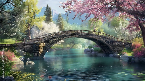 A charming cobblestone bridge spanning a tranquil river, framed by vibrant spring blossoms.