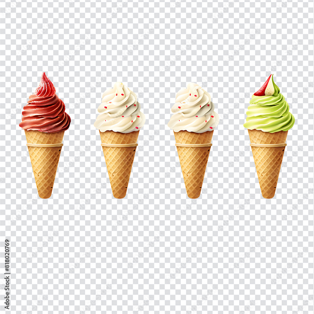 Ice cream in waffle cone on transparent background. Vector illustration.