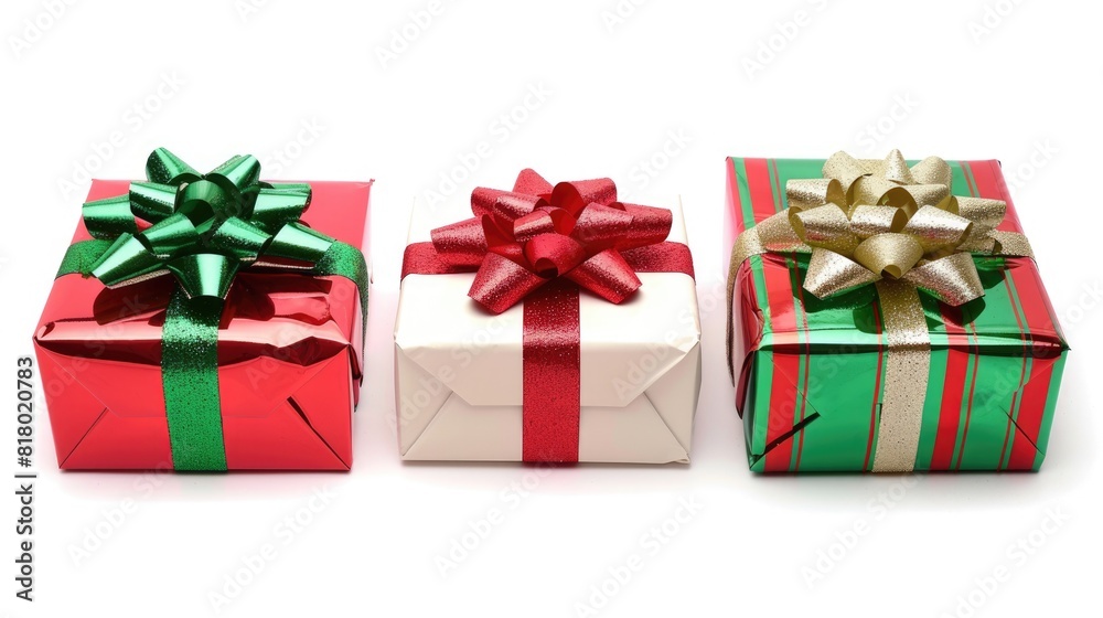 Merry Christmas Presents. Three Festive Gifts Wrapped with Ribbons for Happy Holidays