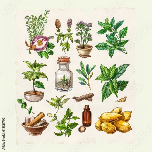 Various medicinal herbs and spices with terracotta pots, wooden mortar and pestle, glass bottles on a white background. Ayurvedic hebs, Ayurveda, Generative AI
