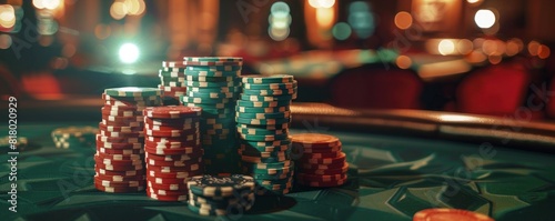 Stack of red and green poker chips on green gaming table. Casino concept for risk or good luck © Anzhela