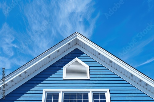 House Blue Sky. Colonial White Home with Blue Sky Background and Elegant Windows © Web