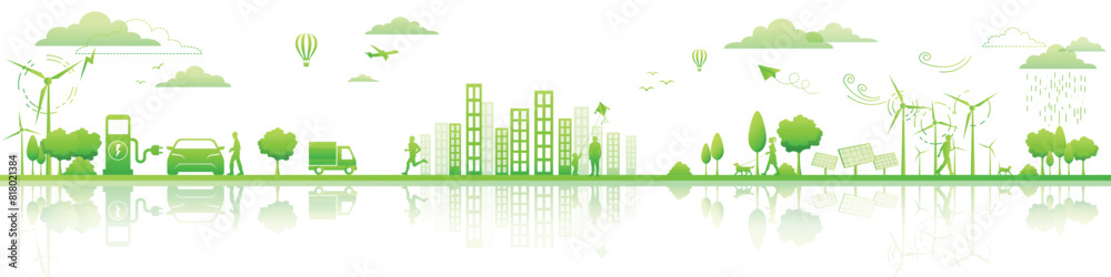 Eco Friendly and Sustainable Energy Concept Vector Banner. Green Energy Design Elements for Clean Environment, Technological Renewable development and Alternative Energy concept, Vector illustration