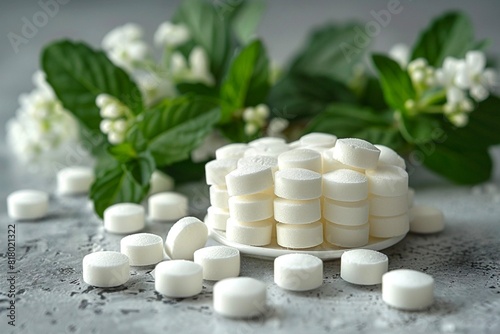 Artificial sweetener stevia tablets lie on a white plate on a light table with stevia leaves out of focus in the background