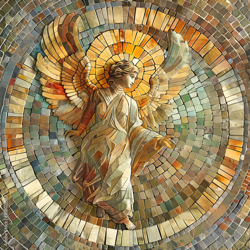 Detailed mosaic of a golden Angel - Emerging from a circular mosaic a feminine angelic being with a golden halo with copy space for a spiritual message
