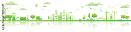 Eco Friendly and Sustainable Energy Concept Vector Banner. Green Energy Design Elements for Clean Environment, Technological Renewable development and Alternative Energy concept, Vector illustration