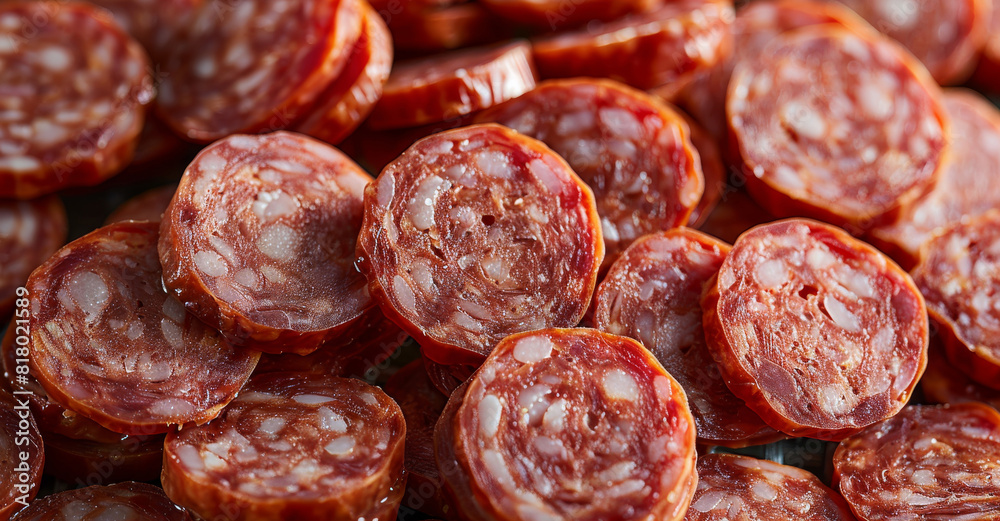Top down view full frame Slices of sausage background. Generative AI. Top down view full frame Slices of sausage background. Generative AI.