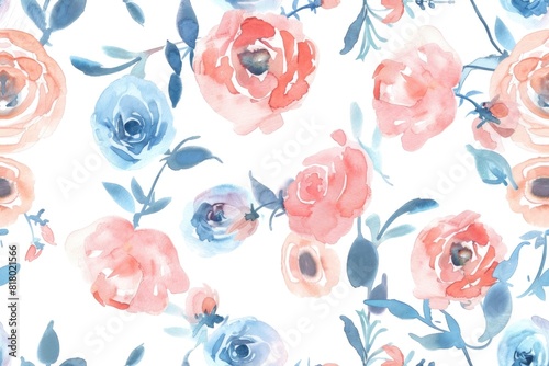 Watercolor Floral Pattern with Vibrant Spring Blossoms on White Background
