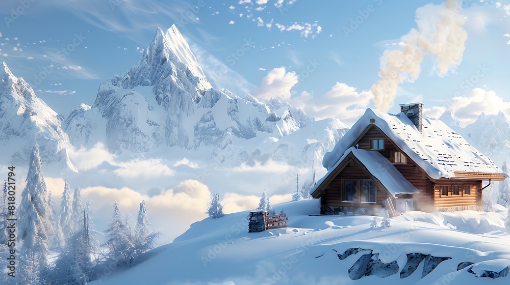 A cozy mountain chalet nestled among snow-covered peaks, with smoke curling from its chimney into the crisp winter air.
