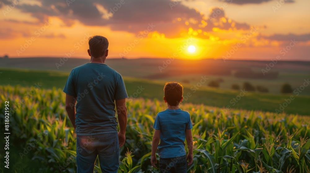A farmer and young son is relaxing at his corn field or maize field at agriculture farm after work. A farmer and young son is relaxing at his corn field or maize field at agriculture farm after work.