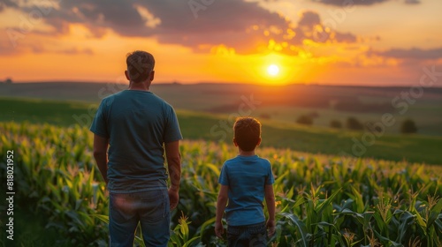 A farmer and young son is relaxing at his corn field or maize field at agriculture farm after work.