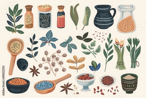 Collection of various herbs and spices in jars and traditional kitchenware with natural elements on a neutral background. Ayurvedic hebs, Ayurveda, Generative AI photo