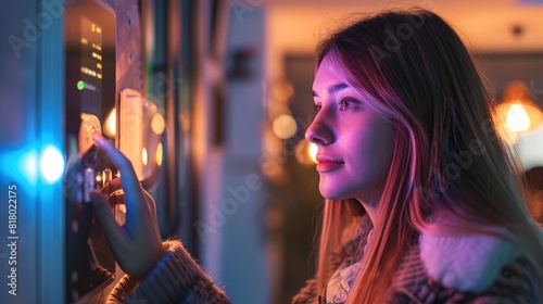 Girl looking at smart thermostat at home, checking heating temperature. 