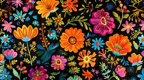 Vibrant Mexican Flora Textile Print, All-Over Pattern, Flat Colors 