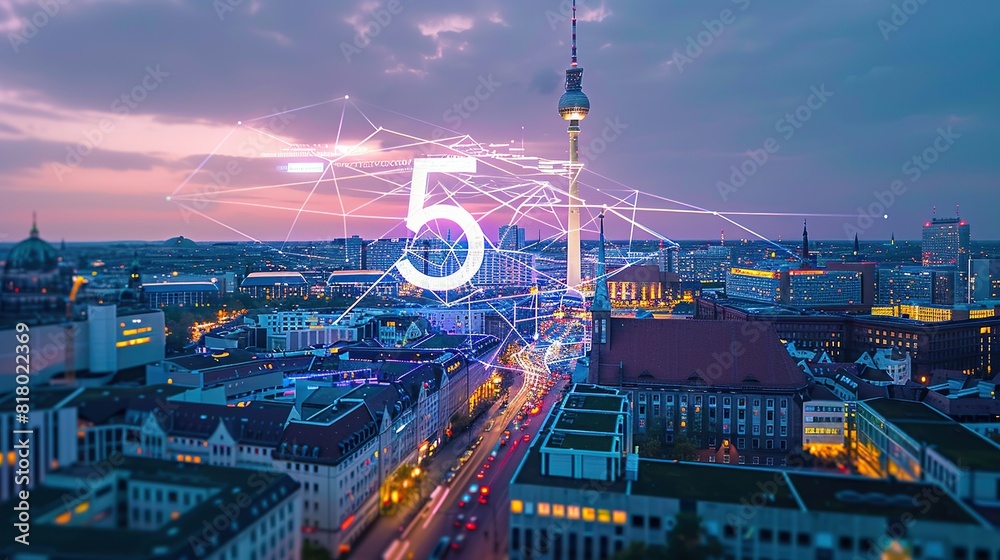 Global network 5G connection concept over panorama city view of Berlin,  
