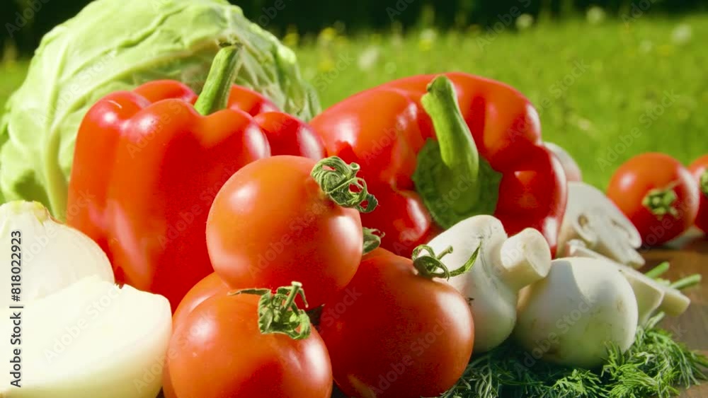 Close-up of tomatoes, peppers, mushrooms, cabbage, a halved onion and dill on a wooden table in the sunlight. Different types of vegetables. Circular filming. Close-up of tomatoes, peppers, mushrooms, cabbage, a halved onion and dill on a wooden table in the sunlight. Different types of vegetables. Circular filming.