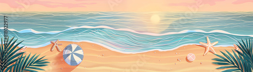 mat on the beach at sunset flat design top view coastal theme cartoon drawing colored pastel